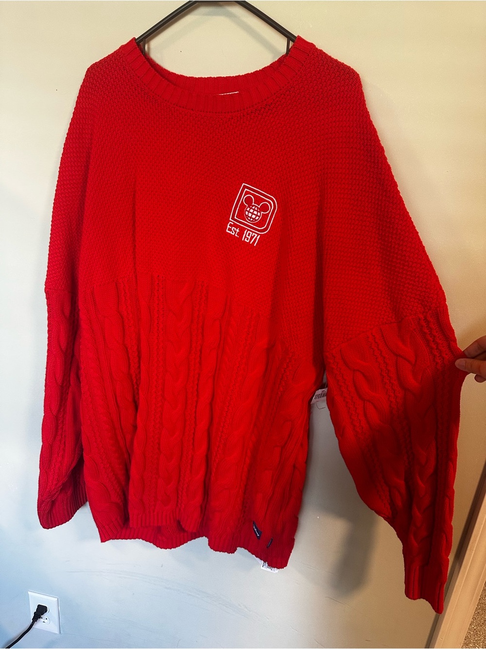 Disney Red Cable-Knit Crewneck Sweater with Est. 1971 Patch